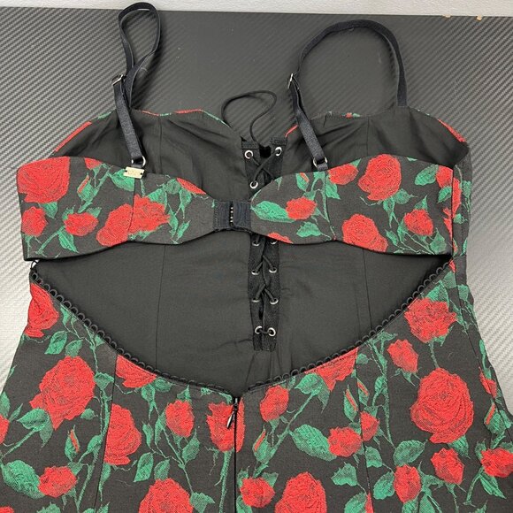 For Love & Lemons Black & Red Rose Print Mini Dress Size Med Lace-Up WhimsiGoth - Picture 8 of 12